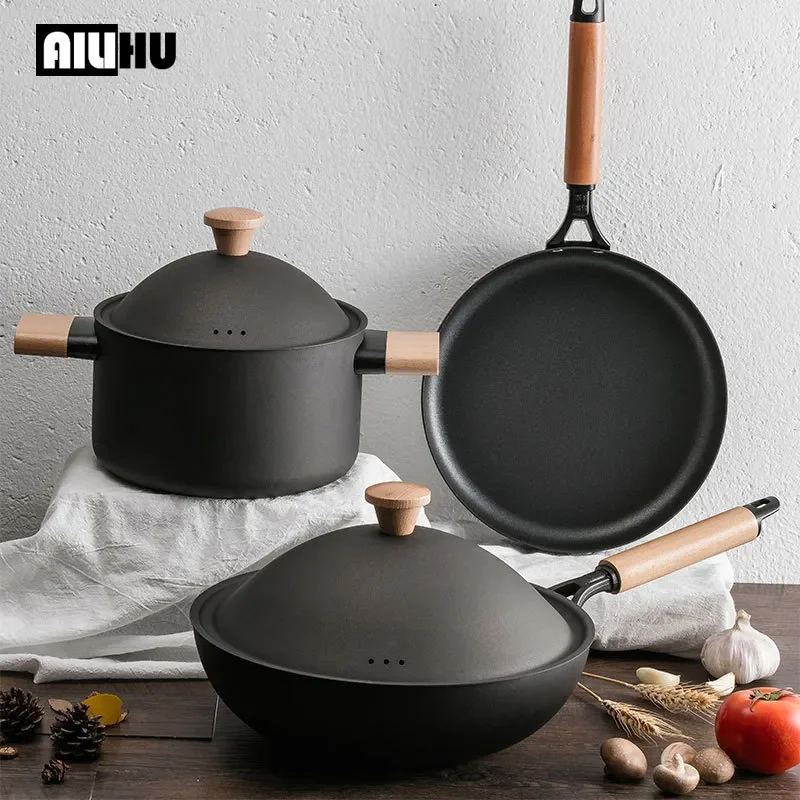 

NEW2023 European-style Light Luxury Iron Three-piece Pot Set Non-stick Frying Pan Soup Pot Pan Kitchen Cooking Tools Kitchen Acc