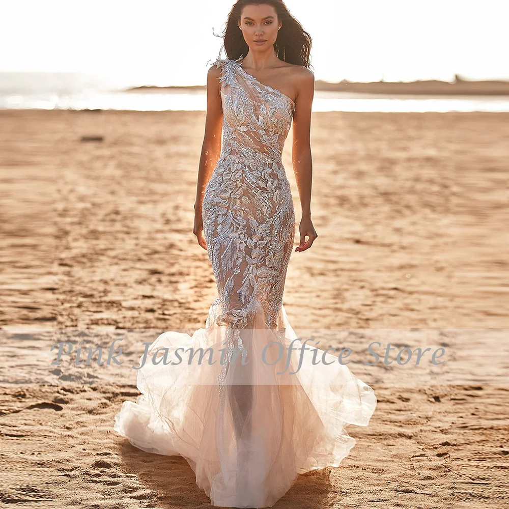 

One Shoulder Bridal Gowns 2022 Sleeveless Backless Mermaid Bridal Dresses Boho Appliques Sequined Vestido De Noiva Custom Made