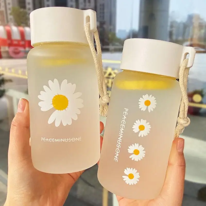

500ml Small Daisy Transparent Plastic Water Bottles BPA Free Creative Frosted Water Bottle With Portable Rope Travel Tea Cup