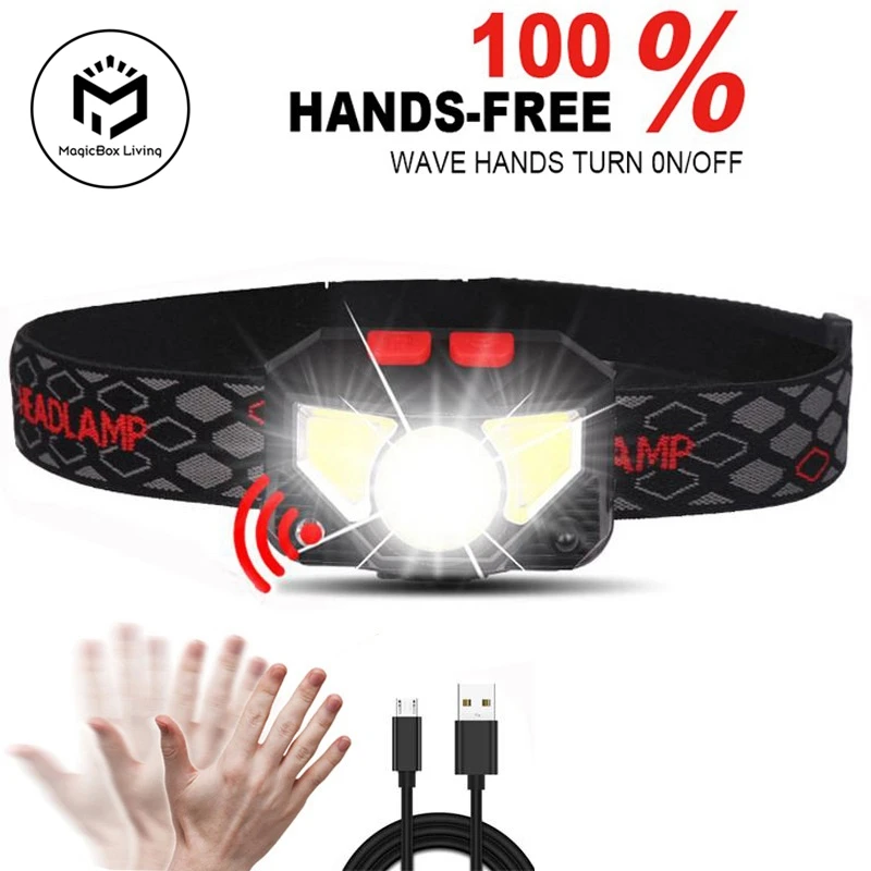 8 Modes Handfress Motion Sensor Powerful LED Headlight headlamp Head Lamp COB Flashlight Torch head light For Camping, fishing