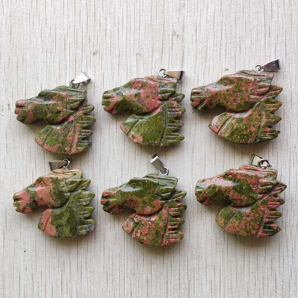 

natural flower green stone Hand carved horse heads charms pendants for jewelry making 6pcs/lot Wholesale Free