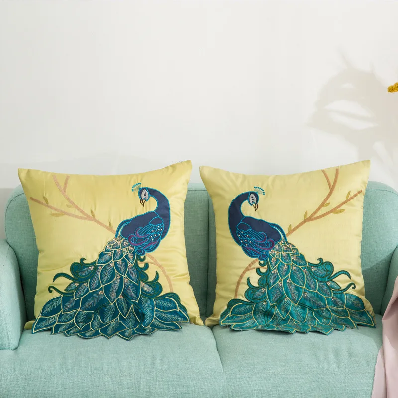 

Chinese Classical Style Blue Peacock Embroidery Satin Cushion Cover 45x45cm Sofa Living Room Bedroom Home Decoration Pillow Case