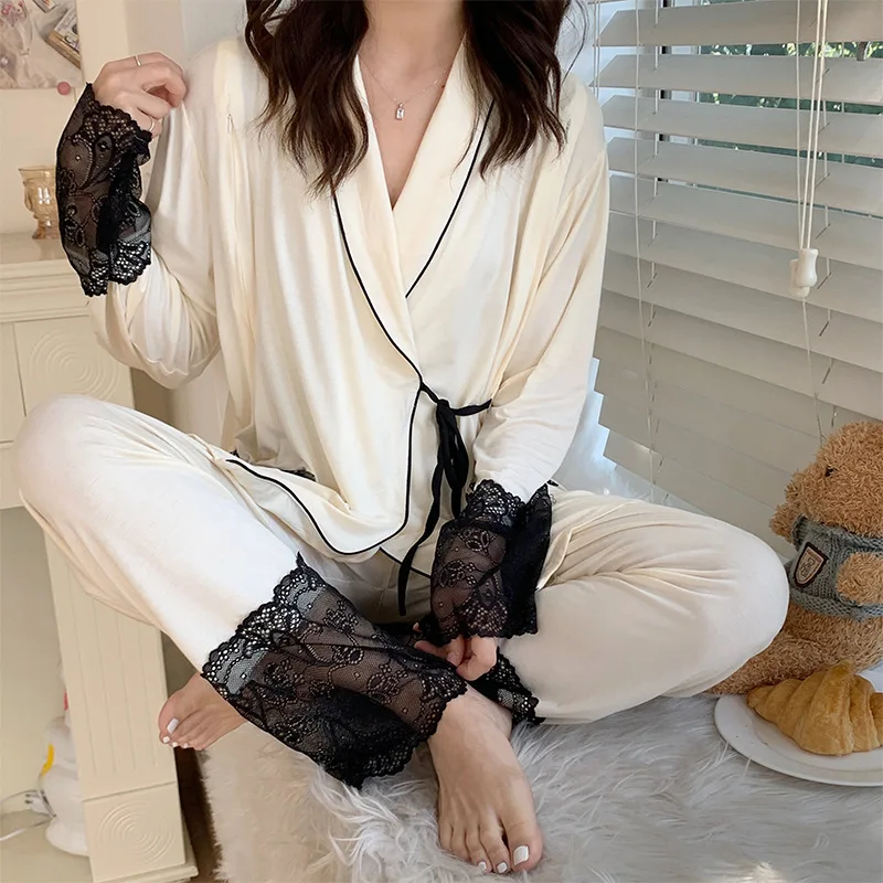 

Maternity Pajama Sets 2022 Spring New Nursing Breastfeeding Clothes For Pregnant Women Solid Patchwork Lace Pregnancy Sleep Wear