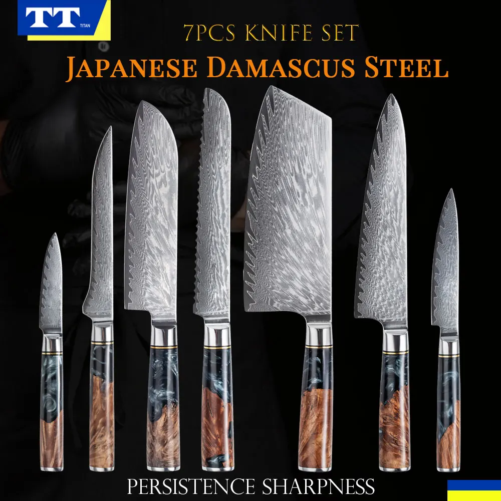 Набор кухонных ножей из черной дамасской стали