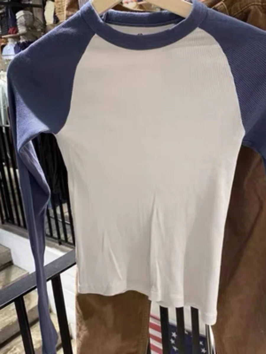 Винтажная лоскутная футболка в рубчик женская весенняя повседневная с круглым