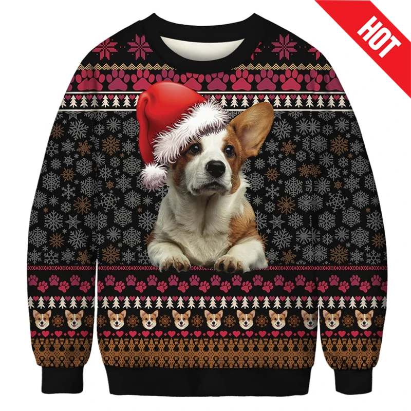 Fashionable 2025 Ugly Christmas Sweater Funny Cat Dog Pattern Sweatshirts Men Cosplay Pullover Boys Crew Neck Sweaters