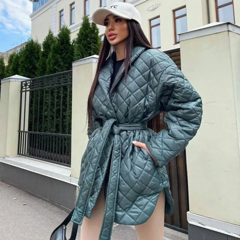 Argyle Loose Long Coat Parkas Women Solid Vintage Casual Oversize Tie Belt Quilted Jackets 2022 Winter New Loose Overcoat Female