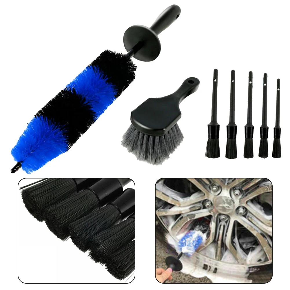 

For Cleaning Wheels Car Detail Brushes Long Brush Pig Hair Grinding Wire Blue+Black Fiber Car Detailing Brush Detail