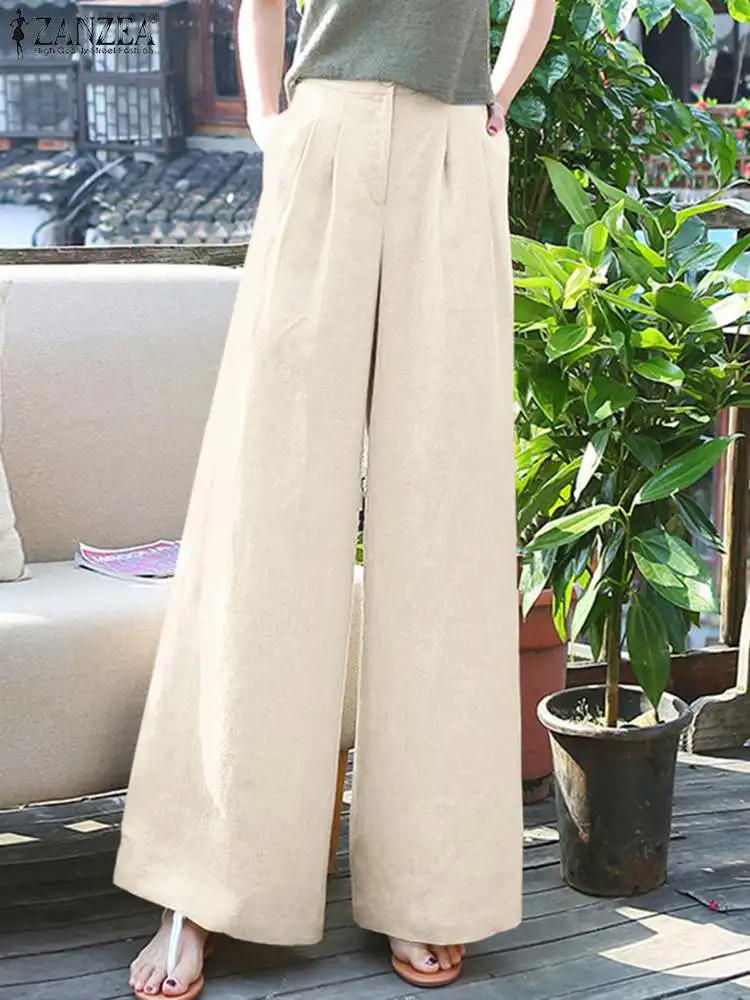 ZANZEA Women Solid Wide Leg Pants Causal Long Trousers Summer High Waist Pant Vintage Cotton Pantalon Oversize Loose Palazzo