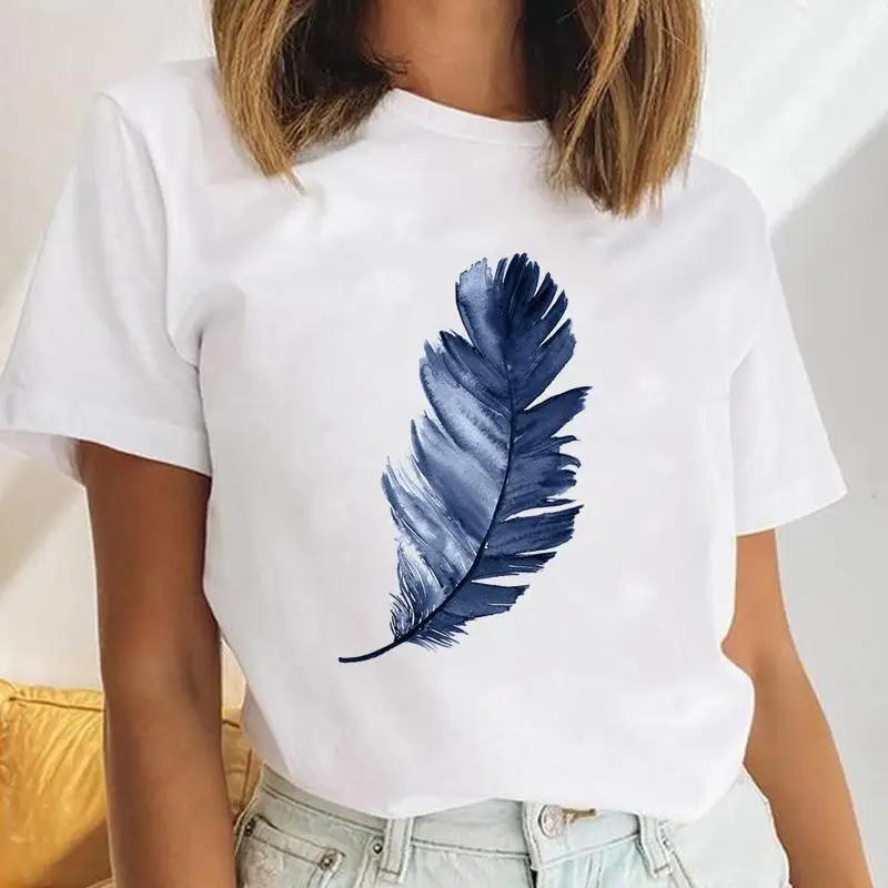 

Женская Повседневная модная футболка в стиле Харадзюку, футболки с 3d перьями для женщин, свободные футболки с круглым вырезом и коротким ру...