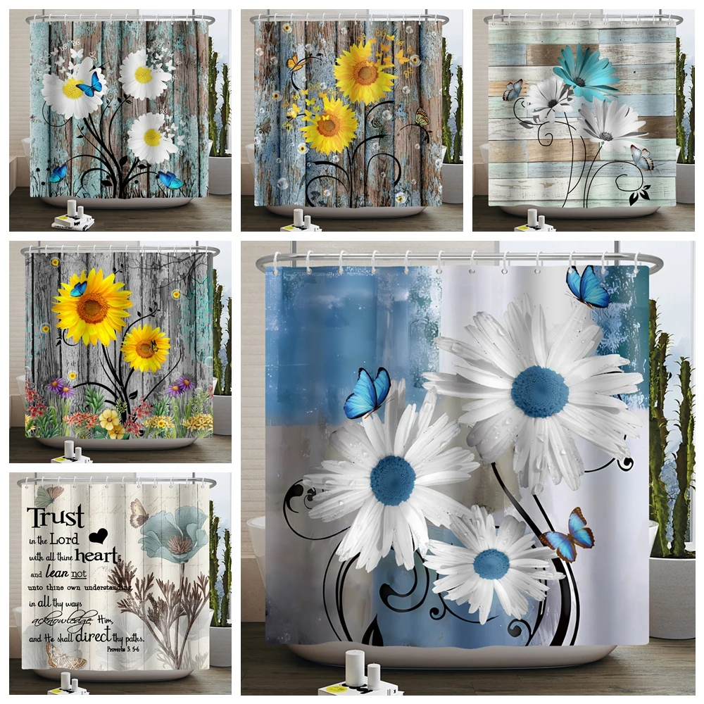 

Rustic Sunflower Daisy Shower Curtain Butterfly Floral Vintage Country Farmhouse Flower Wooden Board Waterproof Bathroom Curtain