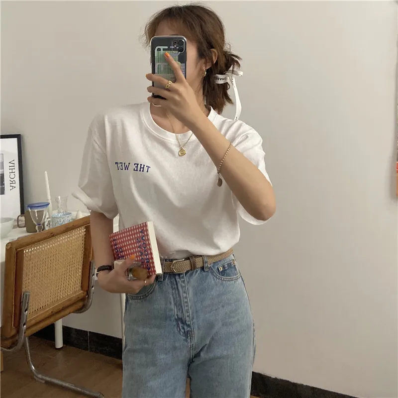 

Хлопковая футболка с коротким рукавом и надписью, летние свободные женские топы, белые базовые футболки, мягкая женская футболка с круглым ...