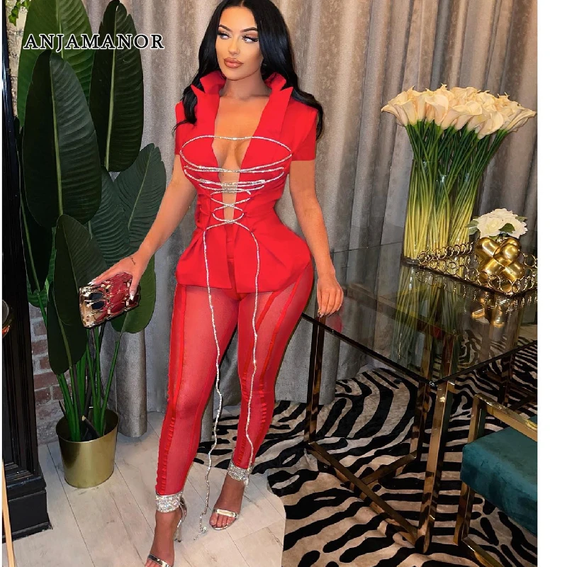 

ANJAMANOR Glitter Bandage Top and Mesh Leggings Sexy Two Piece Set Women Pants Suit 2023 Fashion Ladies Club Outfits D18-DE42