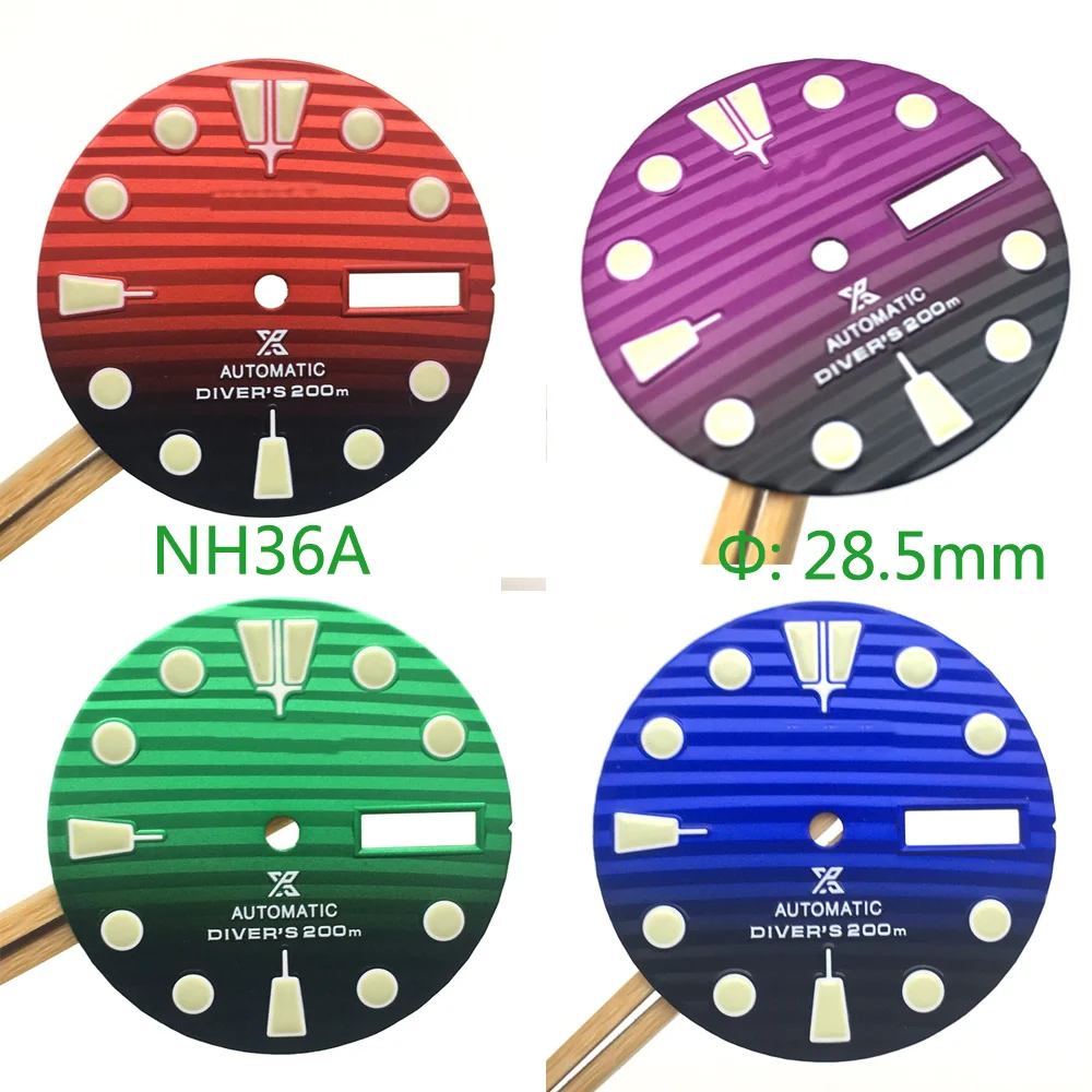 

28.5mm C3 Luminous Dial Gradient For NH36a Automatic Movement Diving Conversion Watch Dual Date Dial With S Logo