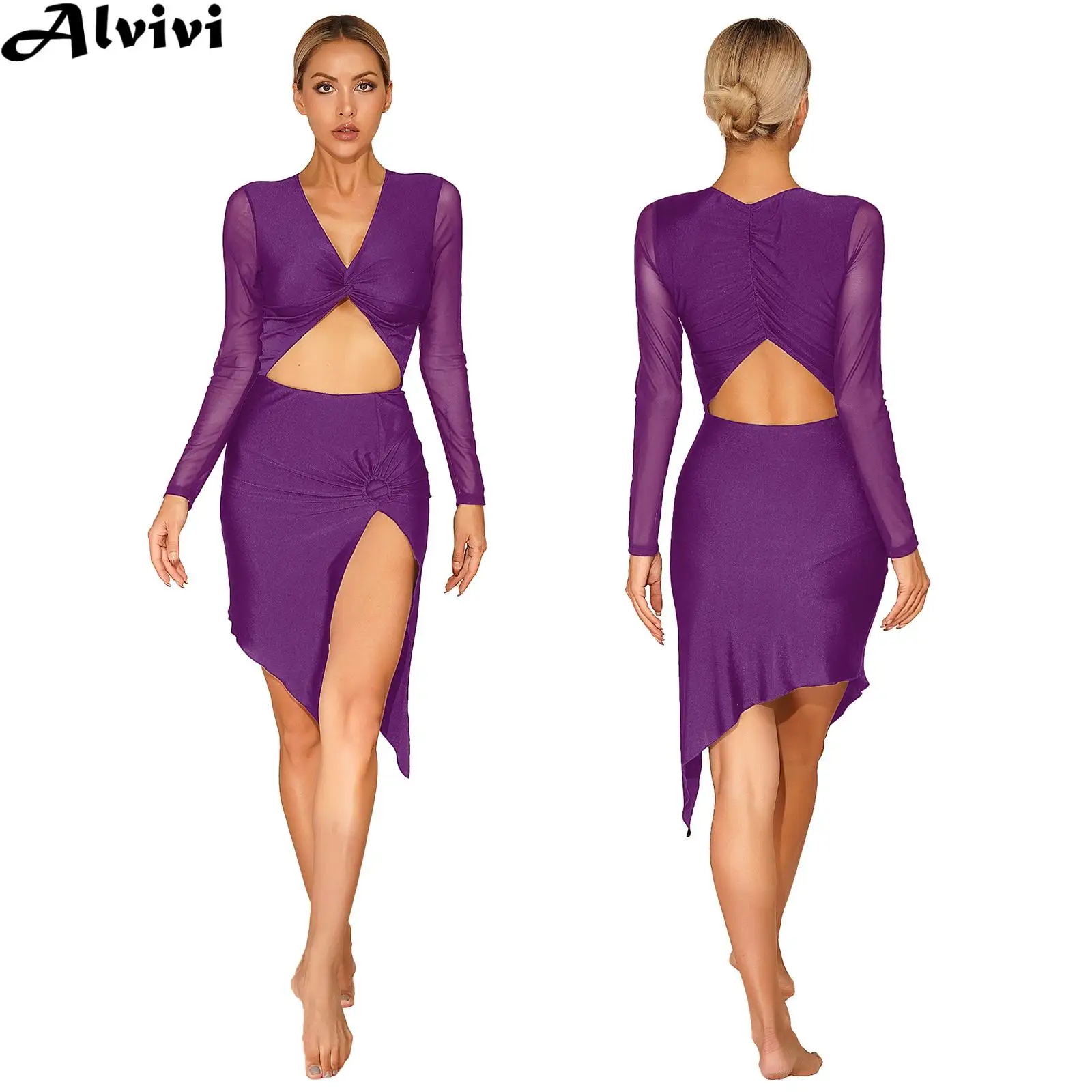 

Womens Latin Dance Dress Long Sleeve Cutout Asymmetrical Hem Sheer Mesh Dress Ballroom Rumba Samba Cha-Cha Performance Dancewear