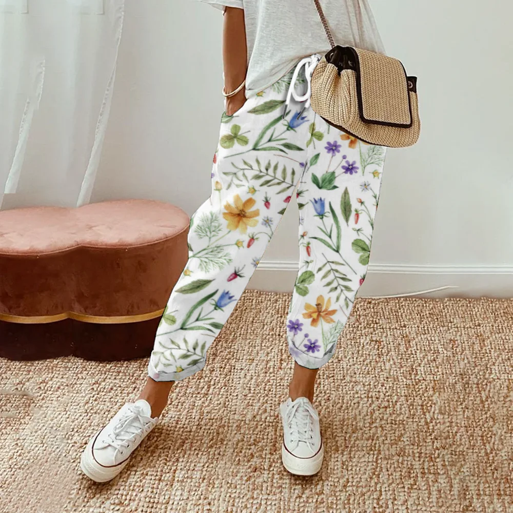 Брюки женские летние с цветочным принтом модные повседневные султанки