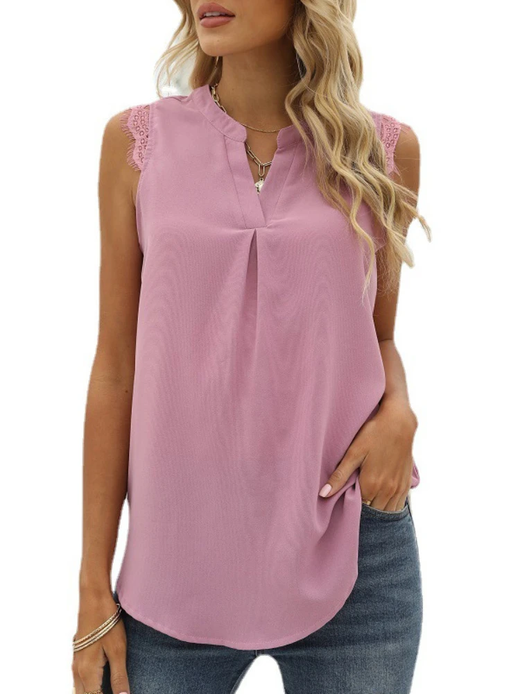 Women Sleeveless Lace Solid Shirt V-Neck Chiffon Casual Tops for Summer