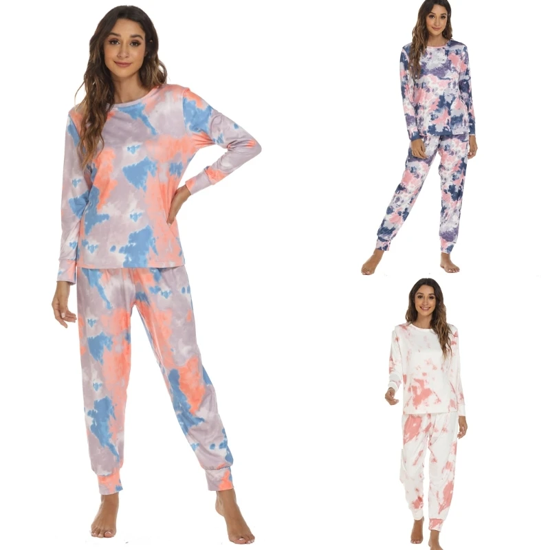 

Womens Tie Dye Print 2 Piece Pajamas Set Long Sleeve Shirts Top with Long Pants Sleepwear Soft Loungewear Jogger drop shipping