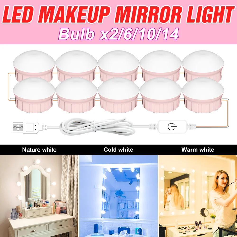 

LED Makeup Mirror Light USB Hollywood Bulbs Vanity Mirror Lamp Dimmable Dressing Table Lights Bathroom Wall Lamp 8W 12W 16W 20W