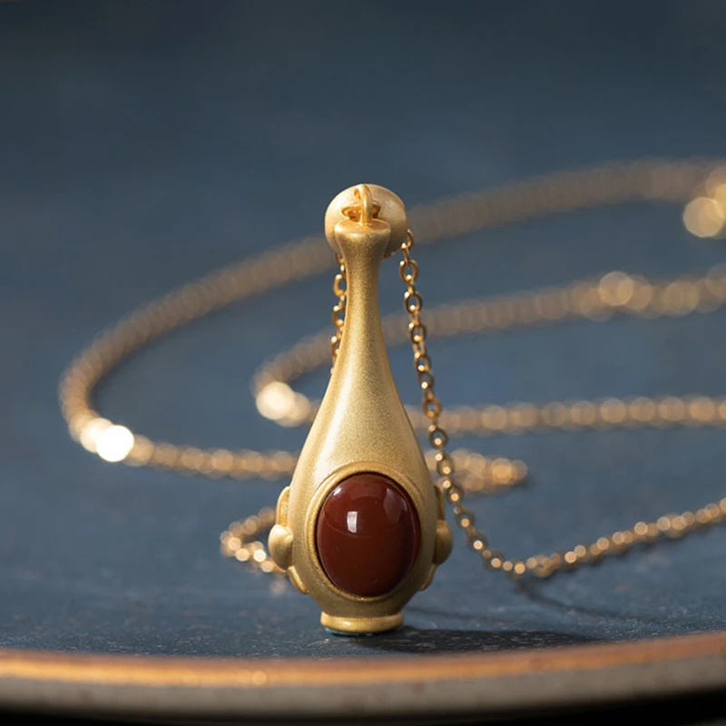 

Original inlaid natural jasper wishing bottle ladies necklace Chinese style retro ancient gold craftsmanship silver jewelry