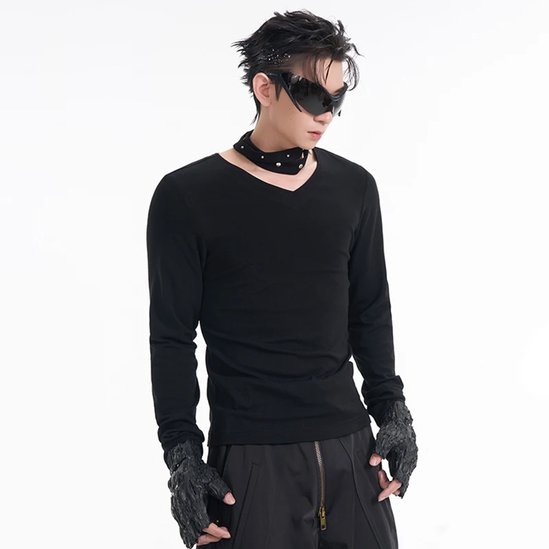 FEWQ мужские футболки с v-образным вырезом однотонные тонкие флисовые длинными