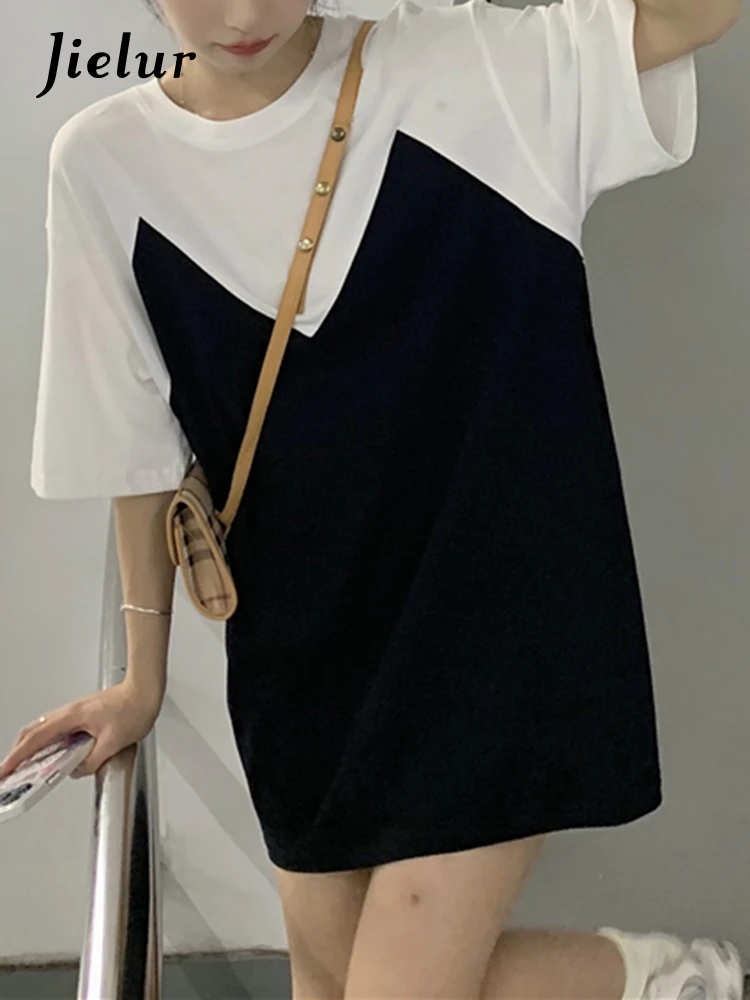 

Jielur Korean Fashion Cotton Dress Women Raglan Sleeve Summer Black White Hit Color Stitching Dresses Short-sleeved Top Female