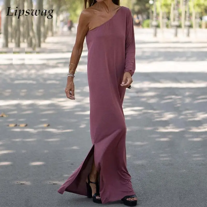 

Однотонное повседневное пляжное платье макси, соблазнительное длинное платье с косым воротником, летнее элегантное свободное платье-пулов...