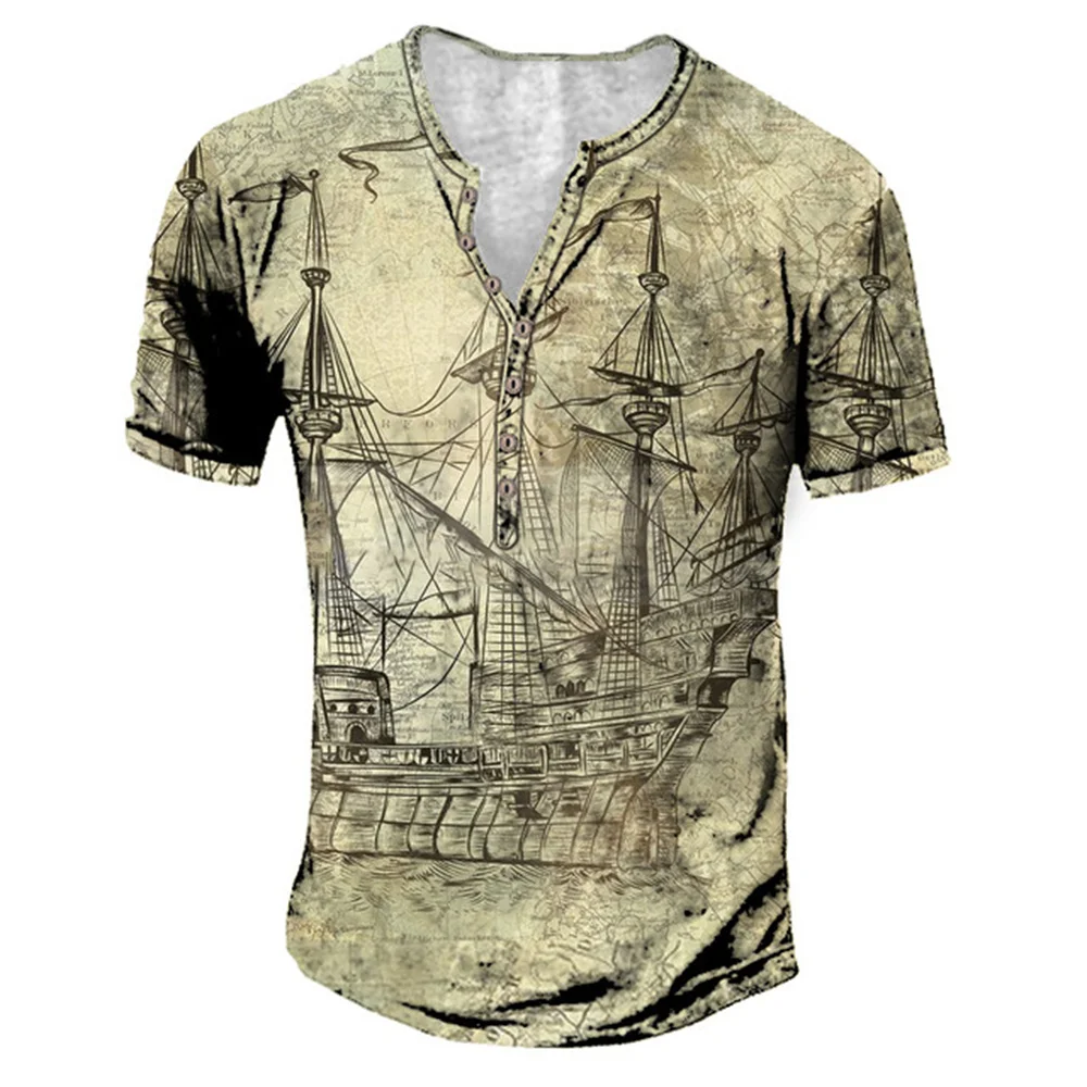 

Vintage Navigation Maps T Shirt Short Sleeve V-neck Button Henley Shirt For Men Oversized Tops Tee Shirt Man Punk Streetwear