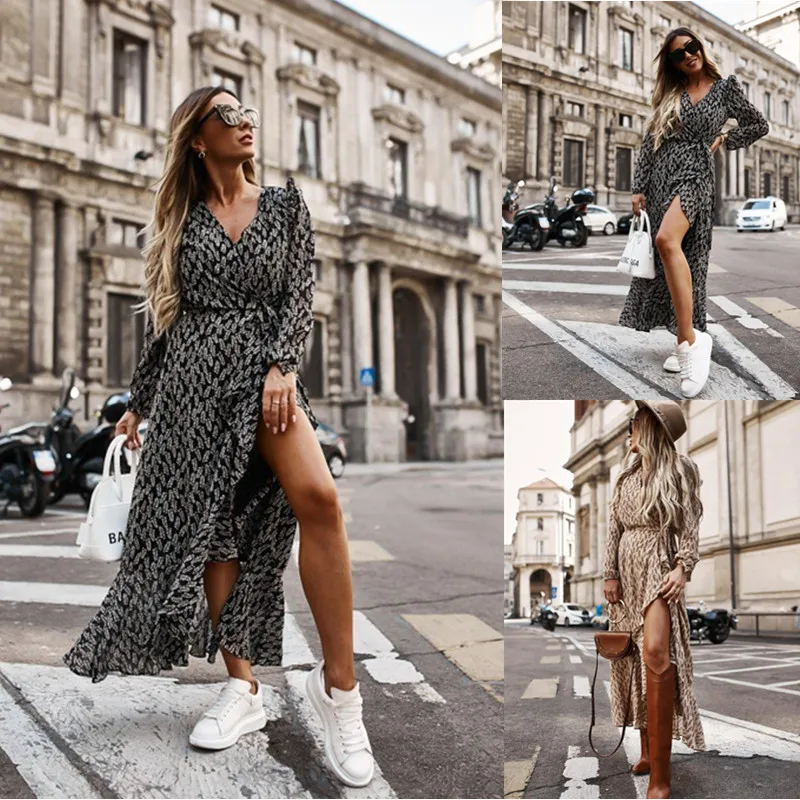 

Женское длинное платье-трапеция с V-образным вырезом и длинным рукавом