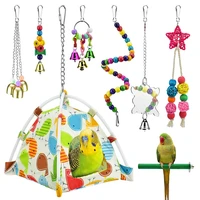 8 pcs bird parrot toys hanging bell pet bird cage hammock tent swing toy wooden perch chewing toy for love birds parakeets