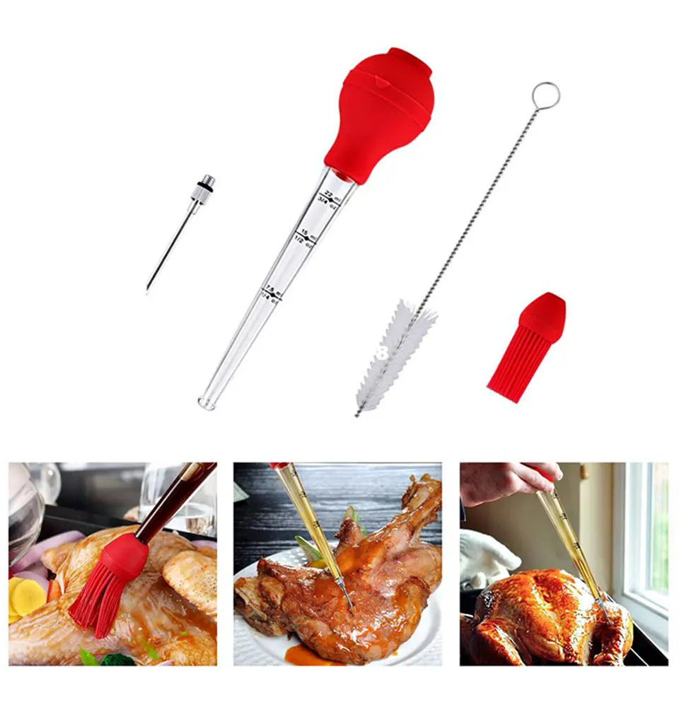 

Turkey Baster Set of 4 Meat Syringe Marinade Injector Sauce Syringe Including Needle and Brush Essential Kitchen Cooking Tool