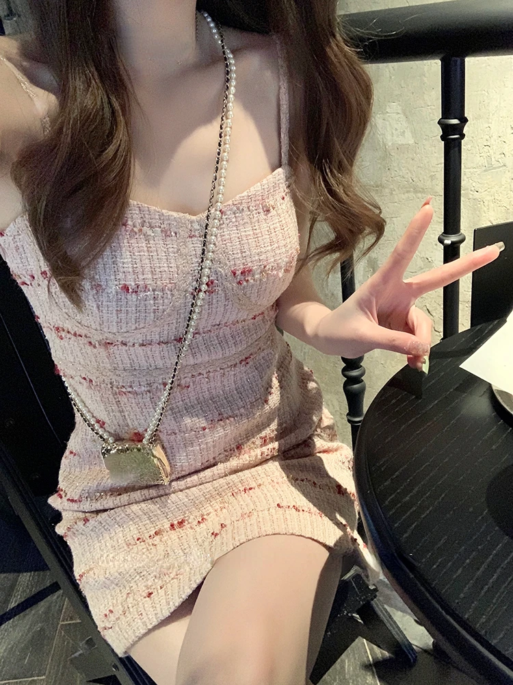 

Sexy Strap Y2k Mini Dress Women Pink Korean Style Party Dress Office Lady Sleeveless Fashion Dress Slim Design 2023 Summer Chic