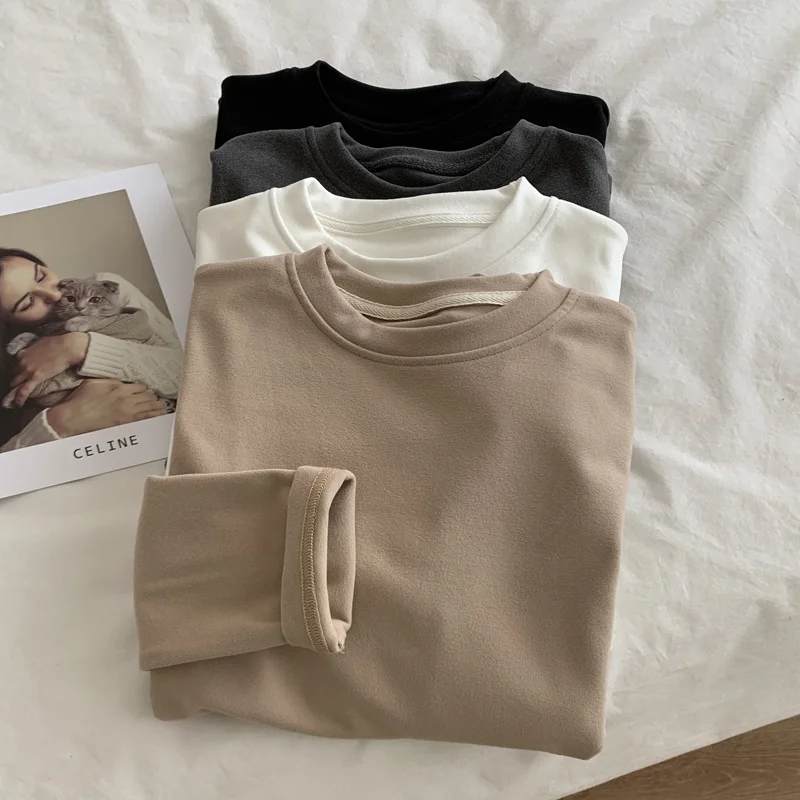 Korean Sle Simple Basic Solid Dralon round Neck Long sleeve Bottoming Shirt Women Loose Inner wear Thick Warm T-shirt Winter