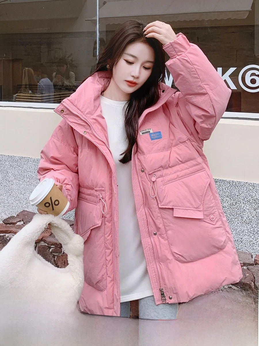 Розовый пуховик с капюшоном-карго женская зима 2024 новая корейская серия