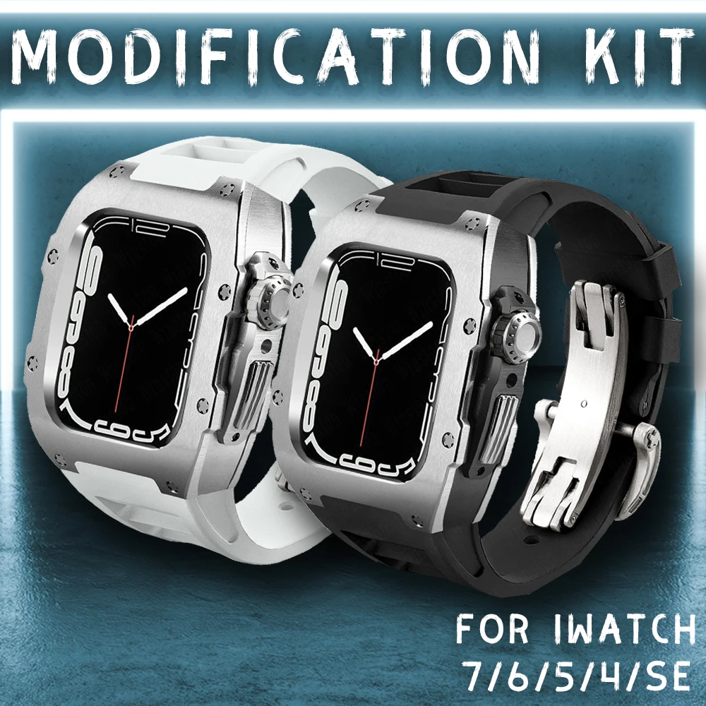 Stainless Steel Bezel Fluorine Rubber Strap for Apple Watch Series 7 6 5 4 Se Metal Frame for IWatch 44MM 45MM Diy Accessories