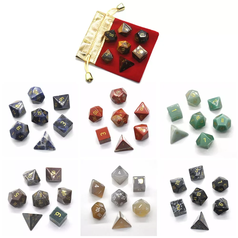 

7pcs/set Polyhedral Dice Set with Pouch D4 D6 D8 D10 D% D12 D20 DND RPG Table Games Natural Healing Crystals Stone Energy Chakra