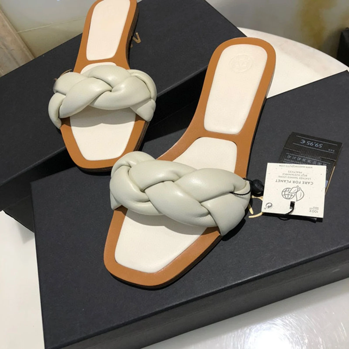 

Genuine Leather Solid Women Slides 2022 Summer Ladies Square Flat Shoes Design Sandals Casual Simple Chic Office Lady Slipper