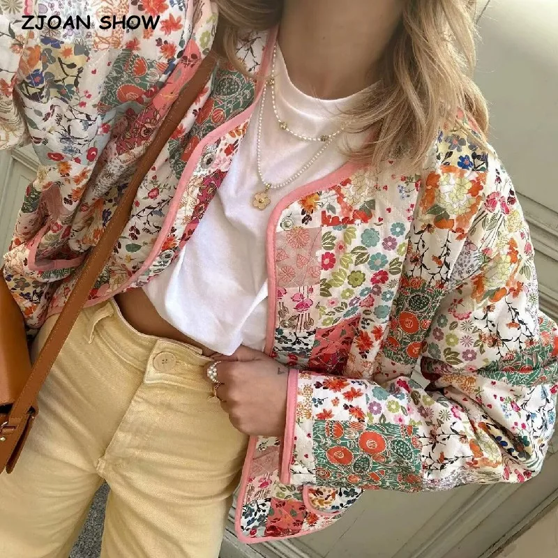 Женская Стеганая куртка с цветочным принтом Розовая тонкая стеганая