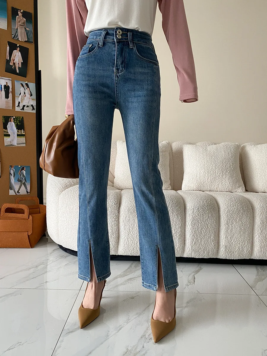 

DASSWEI Cotton Blue Denim Pants For Women Boyfriend Jeans Office Lady Work Slit High Waist Flare Jeans Streetwear Vintage Pants