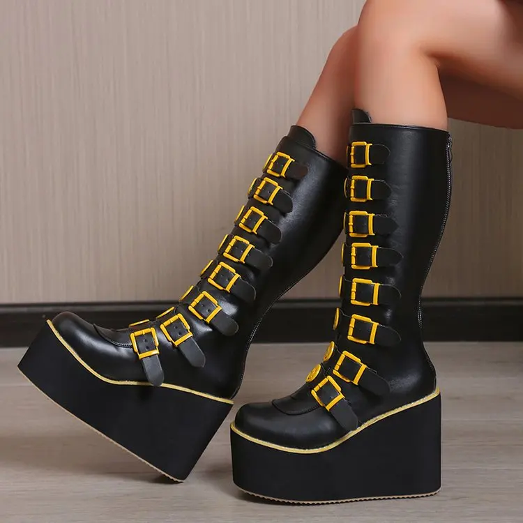 New Wedges Heels Women's Boots Fashion Metal Buckle Knee High Boot Punk Shoes Women Platform Gothic |