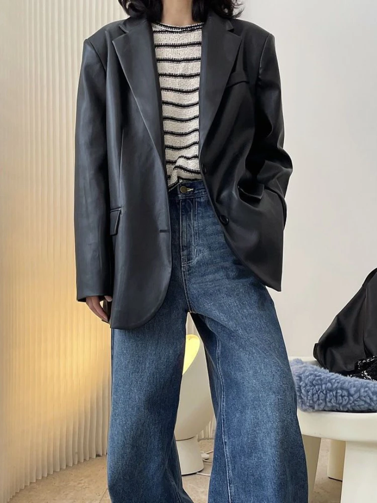Vintage PU Leather Silhouette Blazer Loose Casual Wide-shoulder Top Women's Spring and Autumn New Style Blazers for Women