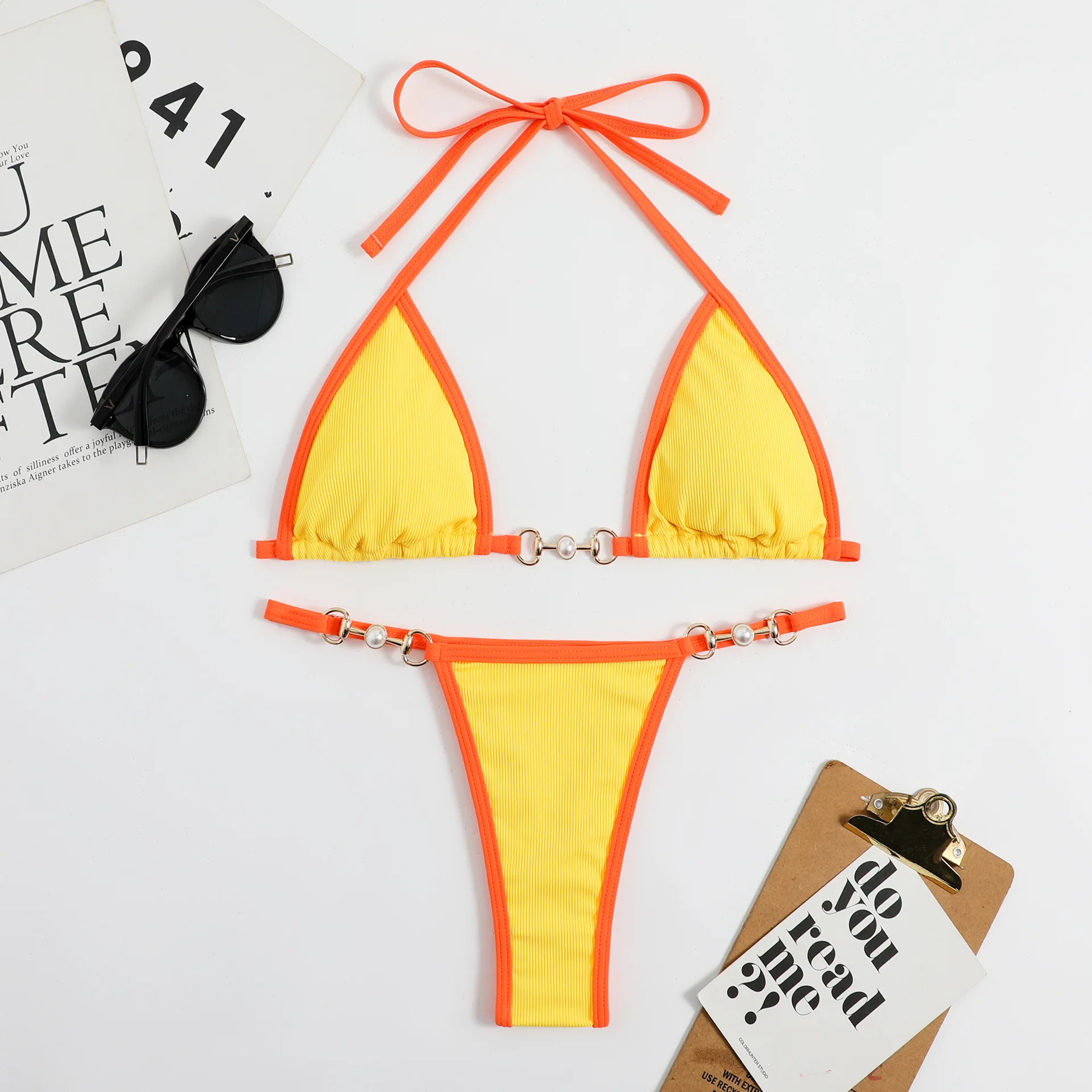 Pit strip fabric split bikini foreign trade new multi-color gold accessories nylon hem ladies triangle swimsuit