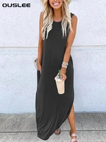 ouslee sexy summer womens long dress 2022 new fashion casual solid color beach sundress sleeveless maxi tank dresses for women