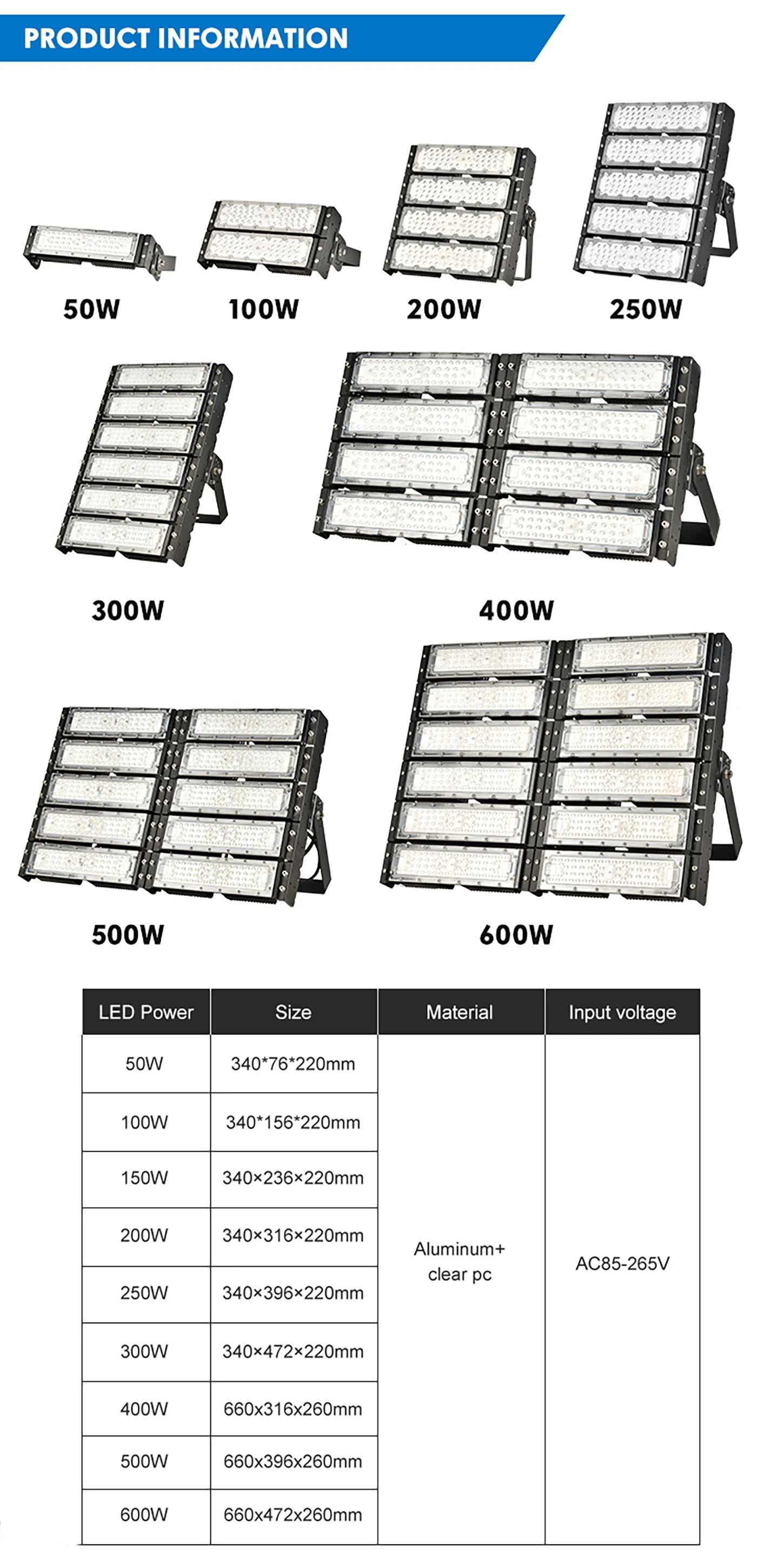 IP65 Водонепроницаемый 50 Вт 100 150 200 250 300 400 500 600