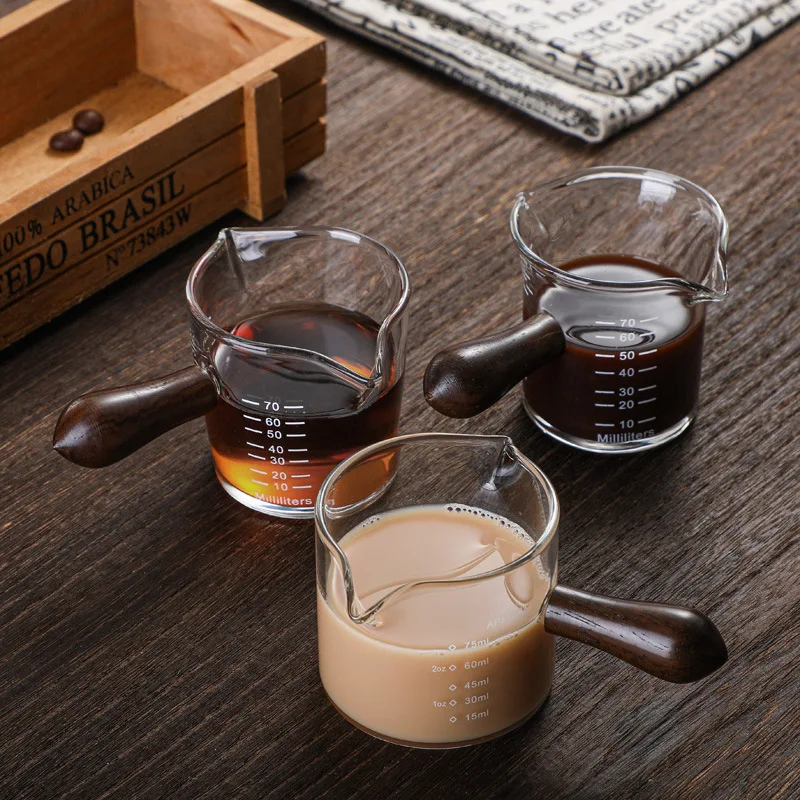 

75-100ml Italian Glass Milk Cup With Sandalwood Handle Espresso Coffee Frothing Jugs Sugar Sauce Measuring Cup Coffee Supplies