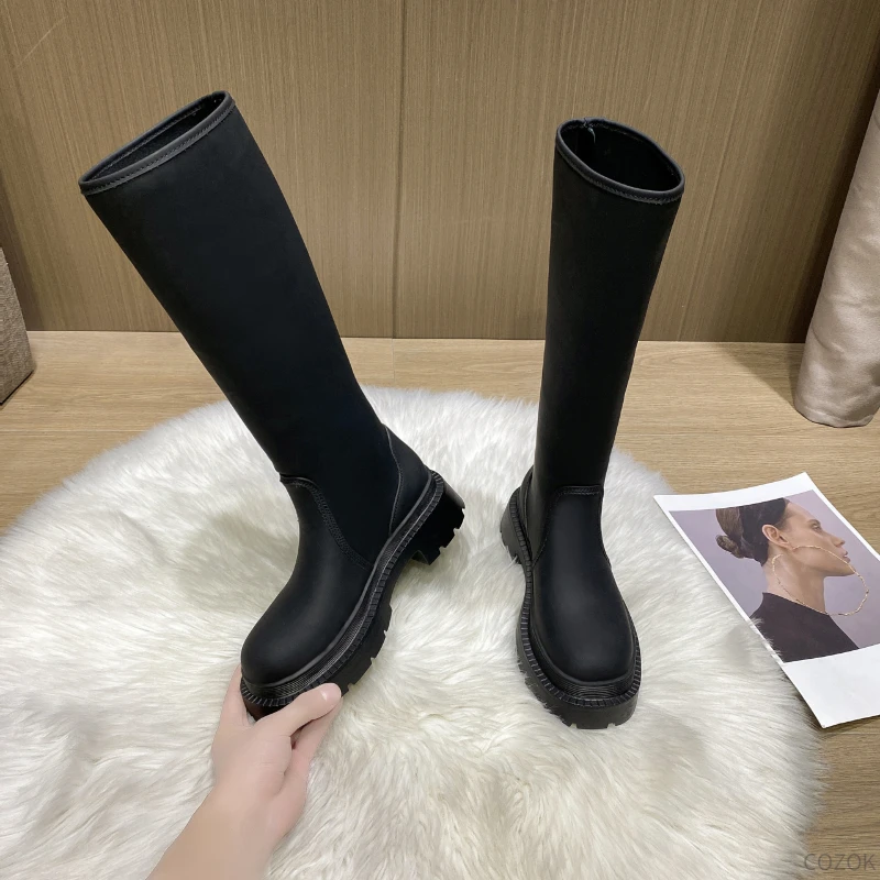 Brand New Ladies Platform Black Boots Fashion Chunky Med Heels Knee High Boots Women Casual Party Shoes Woman Thigh High Boots