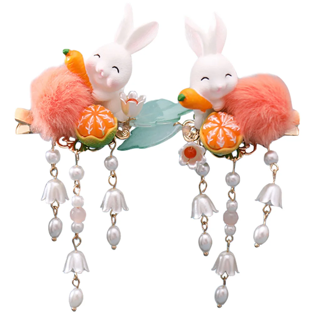 

2 Pcs Fur Ball Rabbit Tassel Clip Animal Hairpin Dangle Barrette Chinese Bunny Plush Hang