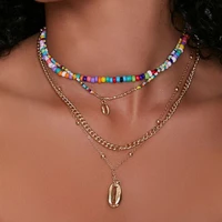 shell metal clavicle chain colorful rice beads multilayer necklace set accessories