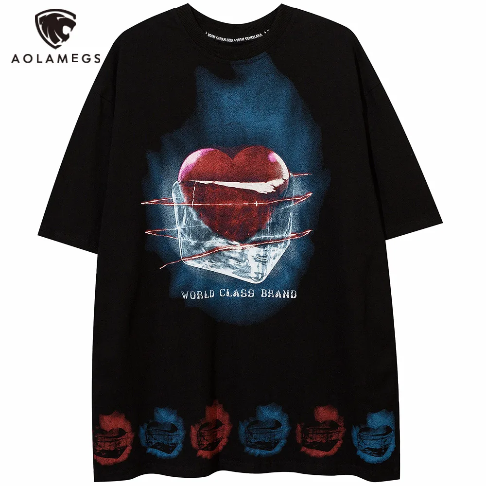 

Aolamegs Oversized T-shirt Men Heart Print Cotton Tee Streetwear Summer Fashion High Street Casual Cozy O-Neck Short Sleeve Tops
