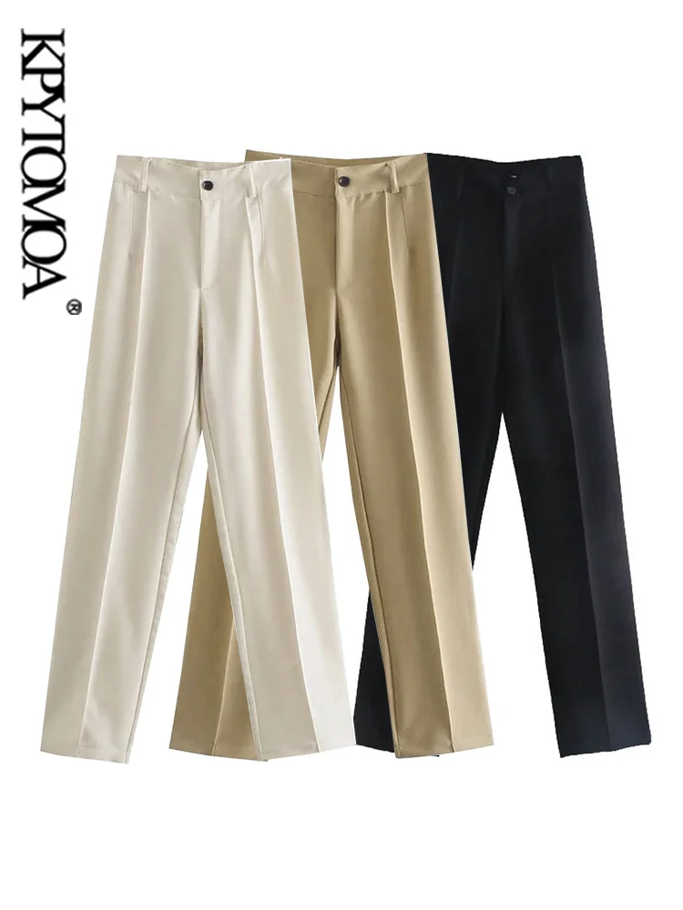 

KPYTOMOA Women Chic Fashion Front Darts Office Wear Solid Straight Pants Vintage High Waist Zipper Fly Female Trousers Mujer